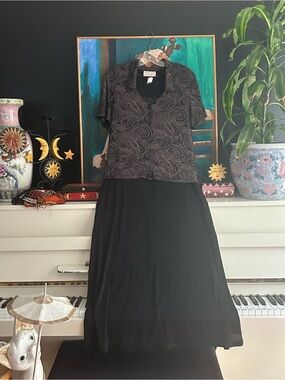 Vintage Daniel Laurent Black Silver Swirl Maxi Dress Size L